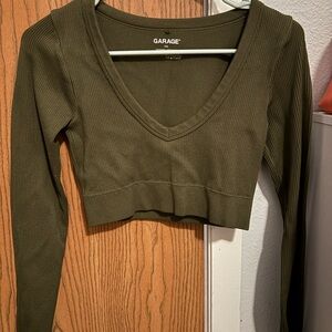 Garage Dark Green Ribbed Long Sleeve Crop Top